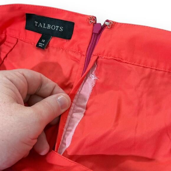 Talbots Pencil Skirt Sz 14 Pink Orange Geometric Eyelet Lined Cotton Knee Length - Picture 3 of 9